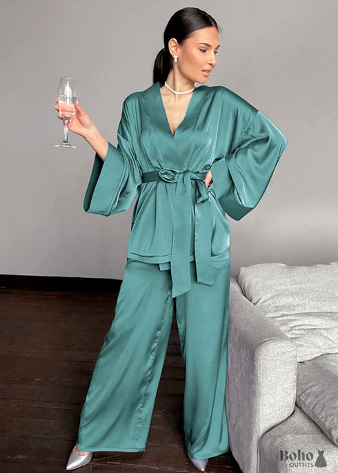 Pijama bohemio, conjunto de pijama de satén Clementine en azul y verde